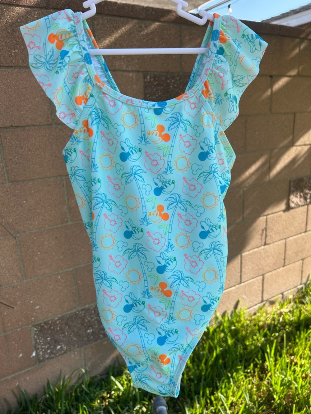 Disney Girls Aqua One-Piece Swimsuit with Orange & Yellow Accents